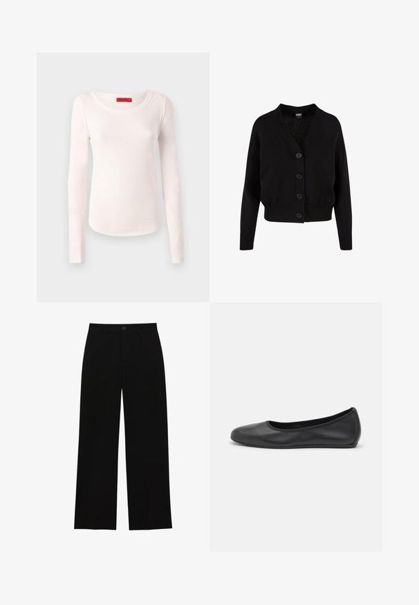 Črna pletena jopica z V-izrezom, petimi sprednjimi gumbi, rebrastim robom in manšetami ter skrajšanim dizajnom. Mehka tekstura s sproščenim slogom.; Dolga majica z dolgimi rokavi iz mehkega, lahkega, kremastega materiala. Ima zaobljen izrez in prilega se telesu s minimalnimi šivi.; Črne hlače z visokim pasom in širokimi nogavicami, izdelane iz gladkega materiala, z ravnim sprednjim delom, zapiranjem na gumb in brez vidnih žepov.; Črne usnjene balerinke z zaobljenim nosom, gladko teksturo, minimalnimi šivi in fleksibilno zasnovo podplata.