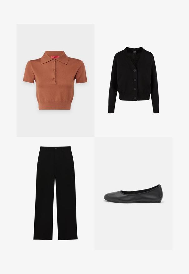 Fekete kötött kardigán V-nyakkal, öt elülső gombbal, bordázott aljjal és mandzsettával, valamint rövidített fazonnal. Puhább textúrával, laza stílussal.; Rövidujjú pólóing barna színben, puha kötött anyagból készült. Klasszikus gallérral, három gombos állással és testhez álló szegéllyel rendelkezik.; Fekete, magasan ülepelt, bő szárú nadrág sima anyagból, lapos elejű, gombos záródással, látható zsebek nélkül.; Fekete bőr balettcipő lekerekített orral, sima tekstúrával, minimális varrással és rugalmas talp kialakítással.