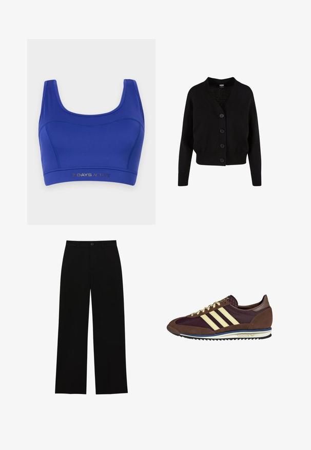 Sort strikjakke med V-hals, fem knapper foran, ribbede kanter og manchetter samt cropped design. Blød tekstur med en afslappet stil.; Blå træningsbh lavet af strækbart stof. Den har en rund halsudskæring, brede stropper og et lavere elastisk bånd med "7 DAYS ACTIVE" trykt i sølv.; Sorte, højtsiddende, brede bukser lavet af et glat stof, med flad front, knaplukning og uden synlige lommer.; Brune og bordeaux sneakers lavet af ruskind og mesh-materialer, med tre cremefarvede striber, tekstureret stof på tungen, og en gummisål.