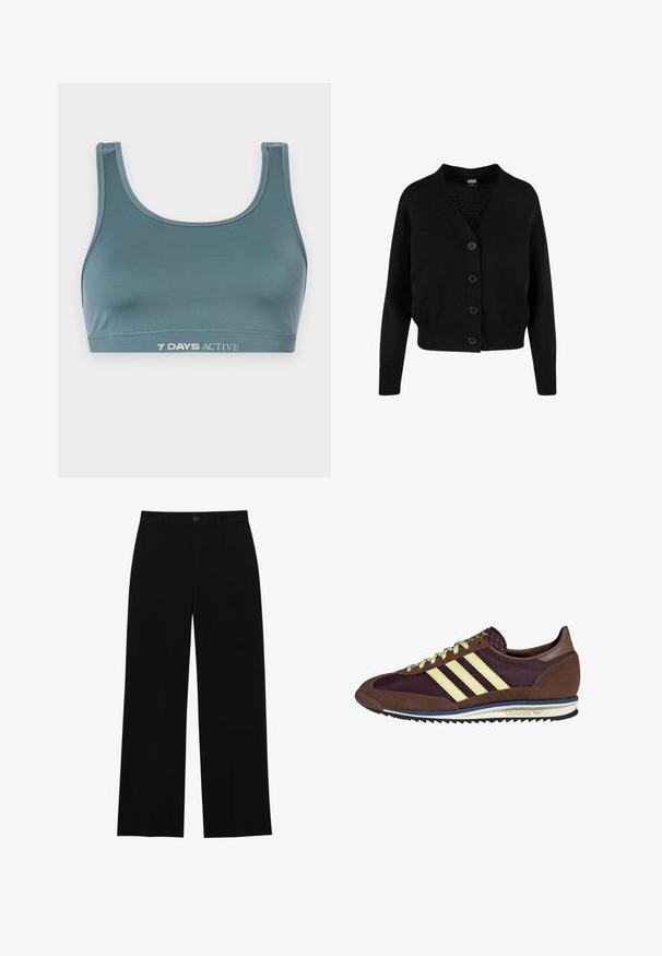 Czarny dzianinowy kardigan z dekoltem w serek, pięcioma guzikami z przodu, ściągaczem u dołu i przy mankietach oraz skróconym fasonem. Miękka faktura w swobodnym stylu.; Sportowy stanik w ciemnym odcieniu teal, wykonany z miękkiego, elastycznego materiału. Posiada okrągły dekolt oraz elastyczny pas z napisem "7 DAYS ACTIVE" w jasnym kolorze.; Czarne, wysokie na talii spodnie o szerokich nogawkach, wykonane z gładkiego materiału, z płaskim przodem, zapięciem na guzik i bez widocznych kieszeni.; Brązowe i burgundowe sneakersy wykonane z zamszu i siateczkowych materiałów, z trzema kremowymi paskami, teksturowanym materiałem na języku i gumową podeszwą.