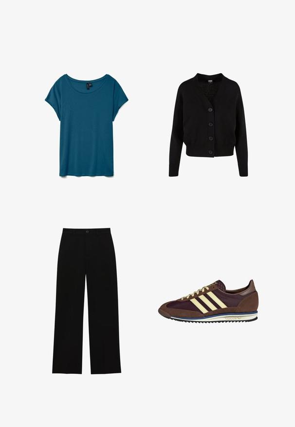 Črna pletena jopica z V-izrezom, petimi sprednjimi gumbi, rebrastim robom in manšetami ter skrajšanim dizajnom. Mehka tekstura s sproščenim slogom.; Turkizna majica s kratkimi rokavi in okroglim izrezom, izdelana iz mehkega materiala, ki se ponaša z udobnim krojem in gladko teksturo.; Črne hlače z visokim pasom in širokimi nogavicami, izdelane iz gladkega materiala, z ravnim sprednjim delom, zapiranjem na gumb in brez vidnih žepov.; Rjavi in rdeče-burgundske teniske iz usnja in mrežastega materiala, ki imajo tri smetane stripe, teksturirano blago na jeziku in gumijast podplat.