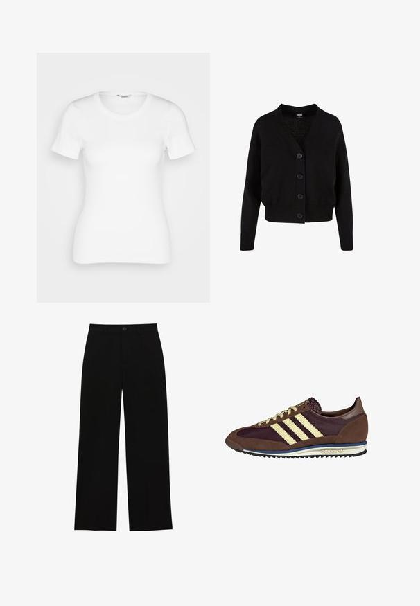 Cardigan negru din tricot cu decolteu în V, cinci butoane frontale, margine și manșete cu dantelă, și design scurt. Textură moale cu un stil casual.; Tricou din bumbac alb, cu mâneci scurte, guler rotund și textură ribbed. Design ajustat cu un finisaj neted și curat.; Pantaloni negri, cu talie înaltă, cu picioare largi, realizați dintr-un material neted, cu un front plat, închidere cu nasture și fără buzunare vizibile.; Sneaker maro și burgund cu materiale din suede și plasă, având trei dungi crem, țesătură texturată pe limbă și o talpă din cauciuc.