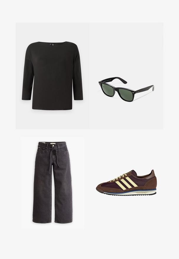 Cardigan negru din tricot cu decolteu în V, cinci butoane frontale, margine și manșete cu dantelă, și design scurt. Textură moale cu un stil casual.; Top negru, cu mâneci lungi, decupaj larg la gât și croială lejeră; realizat dintr-un material ușor, neted, cu detalii minime și fără cusături vizibile.; Jeans negre cu picioare largi, din denim, cu talie ajustabilă cu șnur, cinci buzunare și detalii de cusătură în contrast. Design cu fața plată.; Sneaker maro și burgund cu materiale din suede și plasă, având trei dungi crem, țesătură texturată pe limbă și o talpă din cauciuc.; Ochelari de soare din plastic negru cu lentile verzi, rame pătrate, accent argintiu pe sprânceană și brațe texturate. Marca este menționată pe brațul interior.
