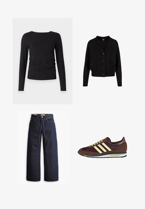 Fekete kötött kardigán V-nyakkal, öt elülső gombbal, bordázott aljjal és mandzsettával, valamint rövidített fazonnal. Puhább textúrával, laza stílussal.; Fekete, hosszú ujjú blúz puha anyagból, kerek nyakkivágással és az egyik oldalon gyűrődött részletekkel, amelyek textúrát adnak.; Széles lábú, sötétkék farmernadrág magas derékkal, húzózsinórral, öt zsebbel és kontrasztos varrással.; Barna és bordó sneaker velúr és hálós anyagból, három krémcsíkkal, texturált anyaggal a nyelvén és gumitalppal.