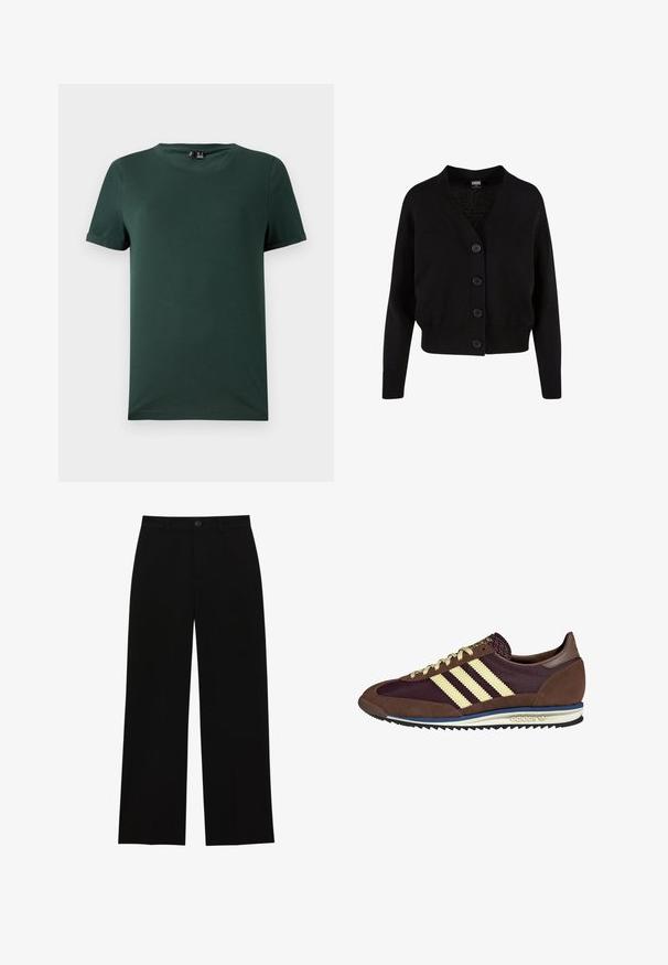 Sort strikjakke med V-hals, fem knapper foran, ribbede kanter og manchetter samt cropped design. Blød tekstur med en afslappet stil.; Mørkegrøn kortærmet t-shirt med rund hals, lavet af et blødt, glat stof. Har optrukne ærmer og en afslappet pasform.; Sorte, højtsiddende, brede bukser lavet af et glat stof, med flad front, knaplukning og uden synlige lommer.; Brune og bordeaux sneakers lavet af ruskind og mesh-materialer, med tre cremefarvede striber, tekstureret stof på tungen, og en gummisål.