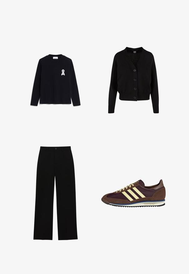 Schwarze Strickjacke mit V-Ausschnitt, fünf vorderen Knöpfen, geripptem Saum und Bündchen sowie verkürztem Design. Weicher Stoff mit lässigem Stil.; ARMEDANGELS TAAMINARA Å EMBRO - Langarmshirt - black; Schwarze, hochtaillierte, weit geschnittene Hosen aus glattem Material, mit flacher Vorderseite, Knopfverschluss und ohne sichtbare Taschen.; Braune und burgunderfarbene Sneaker aus Wildleder und Mesh-Materialien, mit drei cremefarbenen Streifen, strukturiertem Stoff an der Zunge und einer Gummisohle.