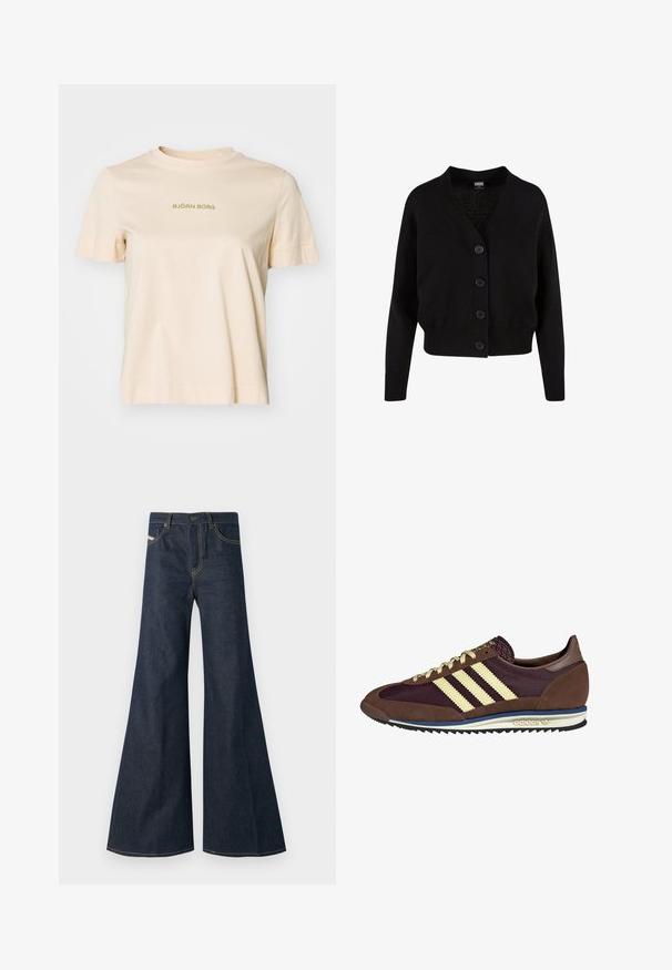 Must musterkardigan V-kaelusega, viie esitnööpiga, soonikkraega ja -manšettidega ning lühendatud disainiga. Pehme tekstuur ja juhuslik stiil.; Beezilne puuvillane t-särk lühikeste varrukatega, ümmarguse kaelusega, mille esipoolt kaunistab roheline "BJÖRN BORG" tekst. Veidi vabam lõige.; Tumedat sinavad teksad, mille sirge lõige, kõrge vöökoht, kuldne tikand ja kaks esitaskut nupuga.; Pruun ja burgundi värvi tennised, mis on valmistatud karvase ja võrkmaterjaliga, sisaldavad kolme kreemjat triipu, tekstuurset kangast keelt ja kummist talla.