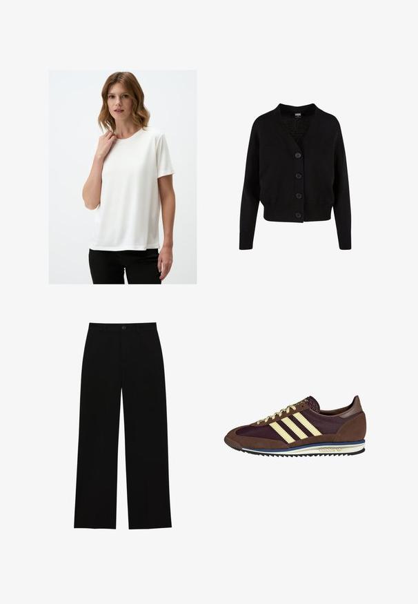 Black knit cardigan with a v-neck, five front buttons, ribbed hem and cuffs, and cropped design. Soft texture with a casual style.; White short-sleeve t-shirt made of smooth fabric with a round neckline. Simple design, featuring a relaxed fit and no visible patterns.; Black, high-waisted, wide-leg trousers made of a smooth fabric, featuring a flat front, button closure, and no visible pockets.; Brown and burgundy sneaker with suede and mesh materials, featuring three cream stripes, textured fabric on the tongue, and a rubber sole.