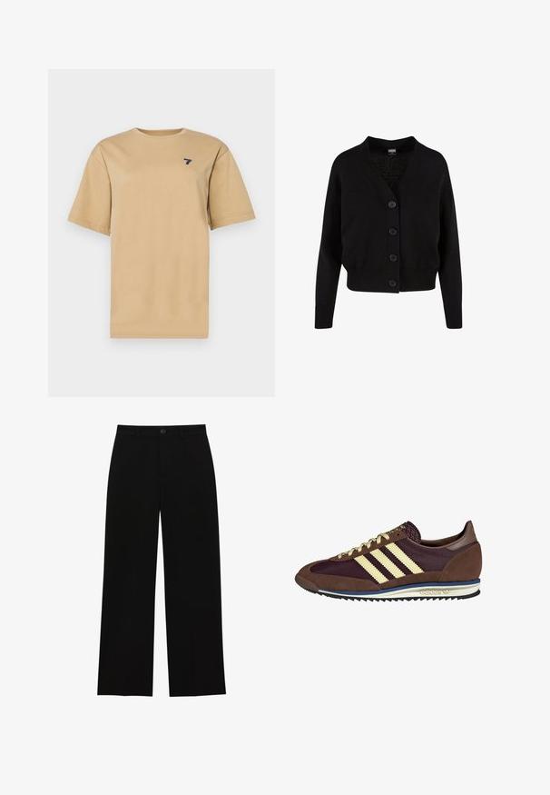 Črna pletena jopica z V-izrezom, petimi sprednjimi gumbi, rebrastim robom in manšetami ter skrajšanim dizajnom. Mehka tekstura s sproščenim slogom.; Bež majica iz bombaža s okruglim izrezom i kratkimi rokavi. Ima mali logotip '7' v temno modri barvi na levem prsnem delu.; Črne hlače z visokim pasom in širokimi nogavicami, izdelane iz gladkega materiala, z ravnim sprednjim delom, zapiranjem na gumb in brez vidnih žepov.; Rjavi in rdeče-burgundske teniske iz usnja in mrežastega materiala, ki imajo tri smetane stripe, teksturirano blago na jeziku in gumijast podplat.