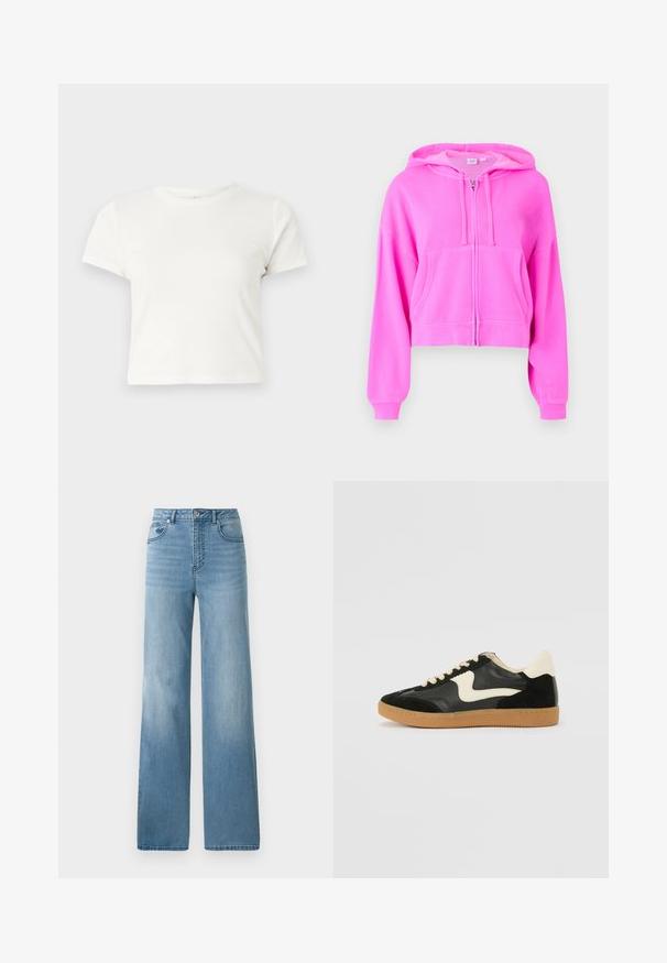 Hoodie croppat roz, realizat dintr-un material moale, cu fermoar frontal, două buzunare în față, glugă cu șnur și manșete ribbate.; Tricou scurt, alb, din bumbac, cu mâneci scurte, decolteu rotund și margine dreaptă, având o textură netedă și un design minim.; Jeans decolorare deschisă, cu talie înaltă, cu un design drept. Confeționate din denim, cu cinci buzunare și închidere cu nasturi.; Tenisi din suede și piele negri cu un swoosh lateral de culoare crem și călcâi de un crem deschis. Prezintă șireturi bej și o talpă din rubber de tip gum.