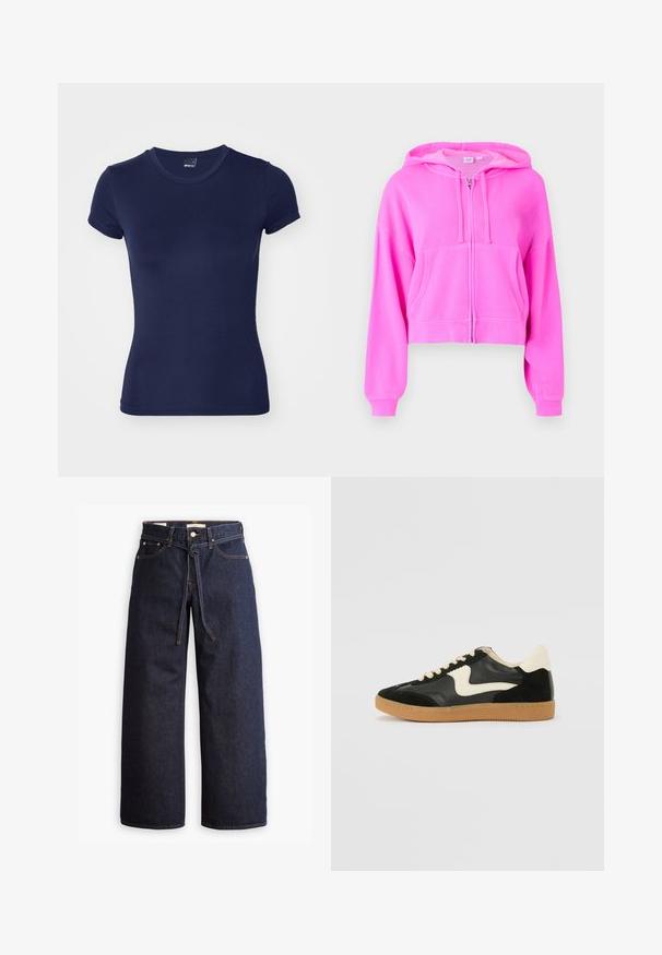 Sweatshirt cropped rosa feito de um tecido suave, com um fecho frontal, dois bolsos frontais, capuz com cordão e punhos canelados.; Gina Tricot SOFT TOUCH TOP - T-shirt básica - black iris; Calças de ganga de perna larga, em azul escuro, com uma cintura alta, apresentando um cordão, cinco bolsos e detalhes de costura em contraste.; Sapatilha em camurça e couro pretos com um swoosh lateral em creme e um calcanhar em creme claro. Apresenta atacadores bege e uma sola de borracha tipo gum.
