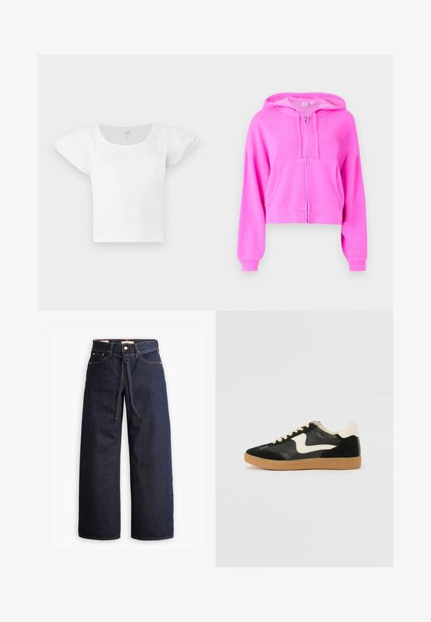 Roza skrajno kratka kapuca iz mehke tkanine z zadrgo spredaj, dvema sprednjima žepoma, nastavljivo kapuco z vrvico in rebrastimi manšetami.; Bela kratka majica s kratkimi rokavi, nabranimi rameni in okroglim ovratnikom, izdelana iz rebrastega blaga, znamke GAP, velikost srednja.; Široke temno modre kavbojke z visokim pasom, ki imajo vrvico za zavezovanje, pet žepov in kontrastne šive.; Črne semiš in usnjene superge s kremasto stransko puščico in svetlo kremasto peto. Imajo bež čipke in gumijast podplat.