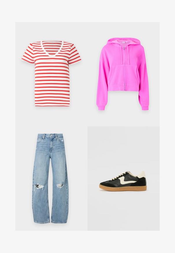 Pink cropped hoodie made from soft fabric with a front zipper, two front pockets, drawstring hood, and ribbed cuffs.; Red and white striped V-neck t-shirt made of soft cotton, featuring short sleeves and a relaxed fit. Simple design with even stripes.; Light blue, high-waisted jeans made of denim. Feature wide legs, two torn knee areas, and classic five-pocket styling.; Black suede and leather sneaker with a cream side swoosh and light cream heel. Features beige laces and a gum rubber outsole.