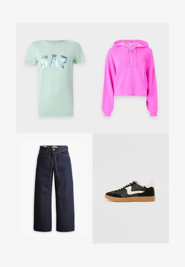 Pink cropped hoodie made from soft fabric with a front zipper, two front pockets, drawstring hood, and ribbed cuffs.; Mint green cotton t-shirt featuring a silver metallic "GAP" logo, short sleeves, and a crew neckline. Smooth texture and casual fit.; Wide-leg dark blue denim jeans with a high waist, featuring a drawstring tie, five pockets, and contrasting stitching details.; Black suede and leather sneaker with a cream side swoosh and light cream heel. Features beige laces and a gum rubber outsole.