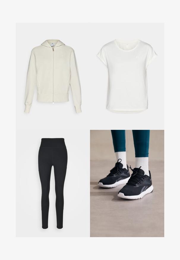Cremefarvet sweatshirt med lynlås foran, hætte, ribbede manchetter og kant, samt et lille logo på venstre bryst. Glat bomuldsblanding.; Hvid t-shirt med korte ærmer og rund hals, lavet af glat stof. Har rullede ærmer og et subtilt logodetalje på brystet.; Sorte leggings lavet af strækbart stof, med høj talje, ribbede paneler på siderne og et tætsiddende design, der tapers ved anklerne.; Sorte atletiske sko med en tekstureret mesh-overdel, hvid sål og grå detaljer. Båret med hvide ribbede sokker og teal-farvede leggings.