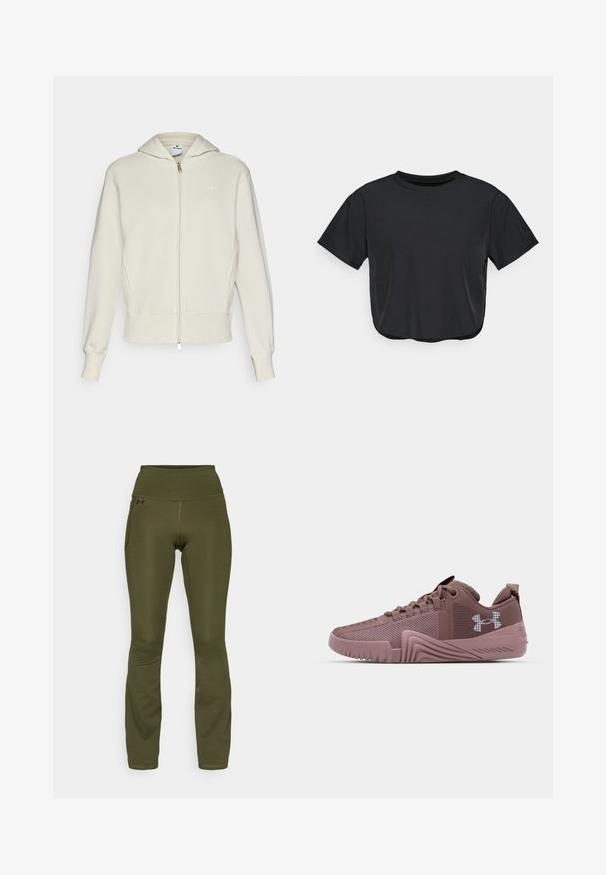 Cremefarget hettegenser med glidelås foran, ribbestrikkede mansjetter og kant, samt en liten logo på venstre bryst. Glatt bomullsblandingsstoff.; Svart croppet t-skjorte laget av mykt materiale, med rund halsutskjæring, korte ermer og en avslappet passform. Subtile sømdetaljer.; Olivengrønne leggings med høj talje, lavet af strækbart stof. Har en sidelomme og flade sømme for komfort og fleksibilitet.; Mørk rosa treningssko med teksturert mesh-overdel, gummisåle og uttalt grep mønster; har logo på siden og polstret krage.