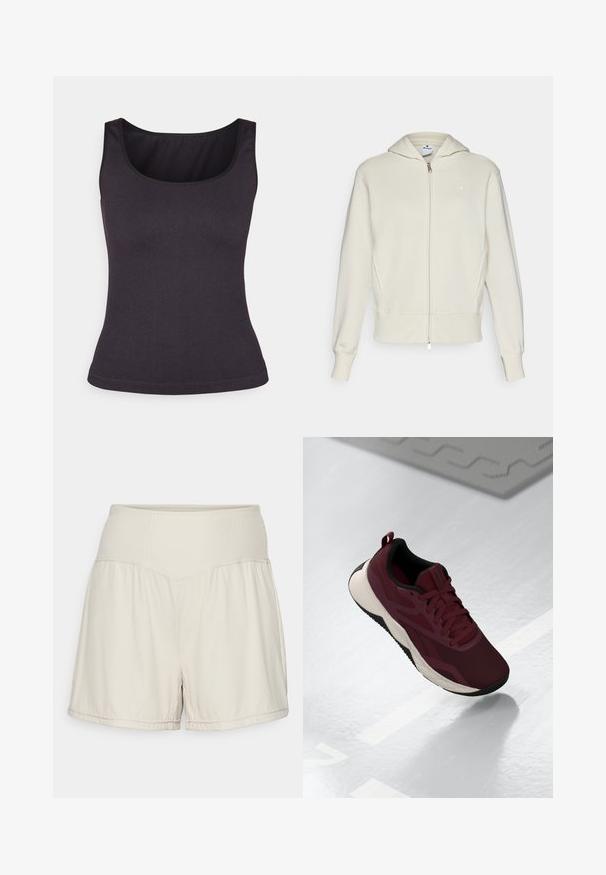 Kremna pulover z zadrgo spredaj, kapuco, rebrastimi manšeto in robom ter majhnim logotipom na levi strani prsnega koša. Gladka tkanina iz bombažne mešanice.; Temno siva rebrasta majica brez rokavov s krožnim izrezom in tankimi naramnicami, ki ima prilegajoč dizajn in gladko teksturo.; Svetlo bež kratke hlače z teksturiranim rebrastim pasom, tekočim dizajnom in sproščenim krojem. Imajo šivane robove in stranske razpoke za večjo fleksibilnost.; Barevni športni čevlji v maroon barvi z mrežastim zgornjim delom, črnimi detajli in oblazinjenim belim podplatom. Imajo vezalni sistem in zanko na peti.