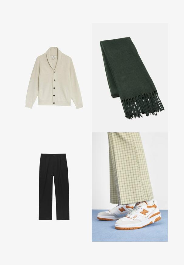 Beige ribbad kofta med sjalkrage, fem mörka knappar, två sidfickor och textilerad tyg.; Vit bomull t-shirt med korta ärmar, rundad halsringning, avslappnad passform och utan synliga logotyper eller mönster. Slät textur och minimal design.; Svarta byxor med rak ben-design, tillverkade av ett jämnt tyg. Har framfickor och en enkel knapplåsning i midjan.; Vita sneakers med orange detaljer, med perforerad sida, vadderad krage och texturerad gummisula, ihop med ljusa rutiga byxor.; Mörkgrön halsduk i mjukt tyg, med en ren design och fransade kanter för extra textur.