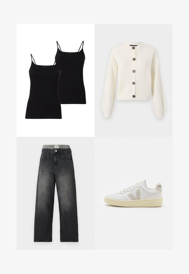Ivoor gebreide cardigan met lange mouwen, ronde kraag en bruine knoopsluitingen. Ribbelstructuur over het hele kledingstuk. Verkorte lengte.; Twee zwarte topjes met dunne spaghettibandjes, gemaakt van zachte stof, met een aansluitend ontwerp en een gladde textuur, ideaal voor het in laagjes dragen.; Zwarte denim wijde jeans met een houndstooth patroon op de tailleband. Kenmerken zijn onder andere voorzakken en een knoopsluiting. Beschadigd textuur.; Witte leren sneaker met beige suède accenten, geperforeerde neus, platte veters en een gestructureerde crèmekleurige zool. Heeft subtiele branding op de hak.