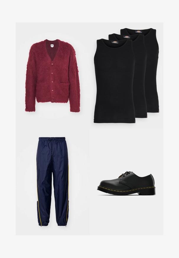 Obey Clothing PATRON CARDIGAN - Jopica - zinfandel; Črne majice brez rokavov v paketu treh. Rebrasta struktura, standardni okrogel izrez, brez rokavov. Rob ima majhen logotip blagovne znamke na dnu.; Temno modri, lahki tekaški hlače z elastičnim pasom in vrvico. Imajo rumene stranske črte in zadrge na spodnjem delu nogavic.; Črne usnjene čevlje z zaobljenim prstom, vezalnim dizajnom, rumenim šivom ob robu podplata in čvrstim črnim gumijastim podplatom za oprijem.