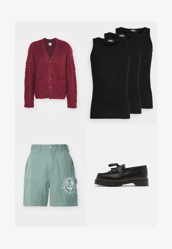 Obey Clothing PATRON CARDIGAN - Vest - zinfandel; Zwarte tanktops in een verpakking van drie. Ribbelstructuur, standaard ronde halslijn, zonder mouwen. De zoom is voorzien van een klein merkembleem aan de onderkant.; Groene katoenen shorts met een relaxte pasvorm, voorzien van twee voorzakken en een witte zongrafiek op het rechterbeen. Effen zoom, geen patronen.; Zwarte leren loafers met een franjesaccent, voorzien van een dikke zwarte zool en gele stiksels langs de rand. Gevoelige afwerking.