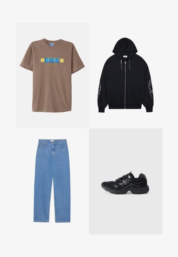 Sweatshirt preto com fecho de correr, capuz, bolsos frontais e mangas longas em forma de cone. Apresenta um padrão brilhante na manga esquerda e um fecho de correr em estilo corrente.; T-shirt de algodão castanha com uma gráfica azul e amarela que diz "KIDSUPER FOOTBALL CLUB," com acentos florais circulares de cada lado.; Jeans de denim azul claro com corte reto, design de cinco bolsos, fecho com um único botão e detalhes de costura subtil nas costuras.; Sapatilha atlética preta com material em malha e acentos sintéticos, bico arredondado, sola texturizada e detalhes brilhantes em contraste na parte superior.