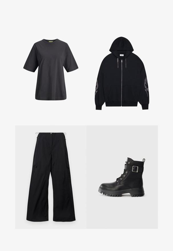 Crna zip-up dukserica s kapuljačom, prednjim džepovima i dugim suženim rukavima. Sadrži sjajni uzorak na lijevom rukavu i patentni zatvarač na lancu.; Crna pamučna majica s okruglim izrezom, kratkim rukavima i opuštenim krojem. Glatka tekstura i jednostavan dizajn bez printova ili uzoraka.; Široke crne hlače od laganog materijala, s prednjim gumbom, elastičnim pojasom s vezicom i detaljem bočne cargo džepa.; Crne kožne borbene čizme sa debelim gumenim đonom, vezanjem sprijeda, remenom oko gležnja sa srebrnom kopčom i trakicom za povlačenje na leđima.