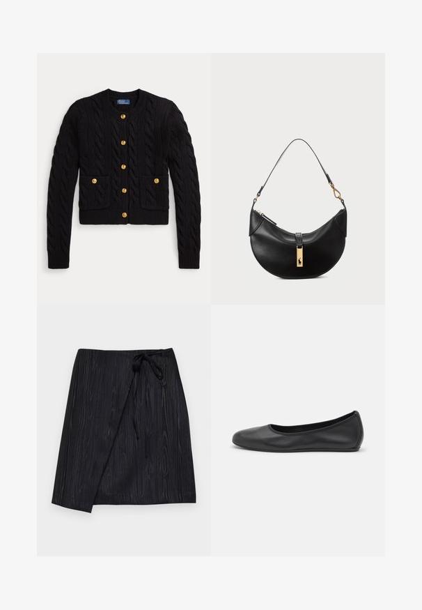Black knitted cardigan with cable pattern, featuring five gold buttons and two front pockets. Ribbed hem and cuffs.; White cotton t-shirt featuring a cartoon bear in a black coat and cap, with a yellow turtleneck and black shoes. "Polo Bear by Ralph Lauren" text included.; Black wrap skirt with a textured wood grain pattern, featuring a tie closure at the waist and a straight silhouette.; Black leather ballet flat with a rounded toe, smooth texture, minimal stitching detail, and a flexible sole design.; Black leather handbag in a half-moon shape. Features a gold hardware accent and a narrow strap. Smooth texture, zipper closure at the top.