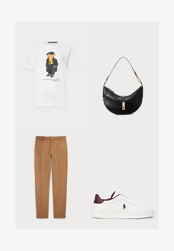 Cardigã preto de malha com padrão de trança, apresentando cinco botões dourados e dois bolsos frontais. Barra e punhos canelados.; T-shirt de algodão branca com um urso de desenho animado vestido com um casaco preto e um chapéu, utilizando um suéter amarelo de gola alta e sapatos pretos. Inclui o texto "Polo Bear by Ralph Lauren".; Calças de algodão castanhas com um design slim-fit, frente lisa e bolsos standard; textura suave e bainhas com acabamento.; Sapatilhas brancas em pele com pormenores em bordô, bico arredondado, logotipo em relevo e atacadores planos. Sola texturizada e detalhes de superfície lisa.; Bolsa de couro preto em forma de meia-lua. Apresenta um detalhe em metais dourados e uma alça estreita. Textura suave, fechamento em zíper na parte superior.