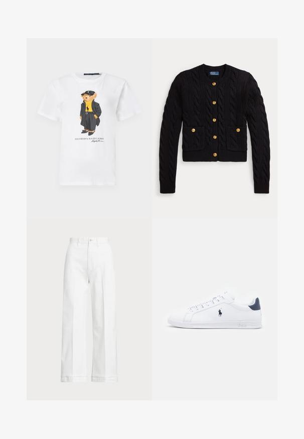 Cardigã preto de malha com padrão de trança, apresentando cinco botões dourados e dois bolsos frontais. Barra e punhos canelados.; T-shirt de algodão branca com um urso de desenho animado vestido com um casaco preto e um chapéu, utilizando um suéter amarelo de gola alta e sapatos pretos. Inclui o texto "Polo Bear by Ralph Lauren".; Calças brancas de perna larga com uma cintura alta, apresentando um fecho de botão e detalhes de costura discreta. Feitas de algodão com uma textura suave.; Tenis brancos de couro com um acabamento suave, detalhes em azul marinho e um pequeno logotipo na lateral. Possui atacadores planos e sola de borracha texturizada.