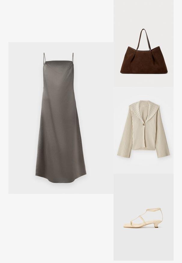 Beige, geripptes, kürzer geschnittenes Jacket mit breitem Reverskragen und einer einzelnen Knopfverschlüsse. Hat lange Ärmel und einen strukturierten Stoff.; Satin-Kleid im sanften Grauton, mit dünnen Spaghettiträgern, lockerer Passform und einer subtilen strukturierten Oberfläche.; Beige Absatzsandalen mit T-Riemen-Design, quadratischer Zehenpartie, verstellbarem Knöchelriemen und niedrigem Blockabsatz. Aus glattem Leder.; Braune Wildleder-Shopper-Tasche mit zwei Schulterriemen, großzügiger rechteckiger Form und minimalistischem Design. Weiche Textur mit glatter Oberfläche.