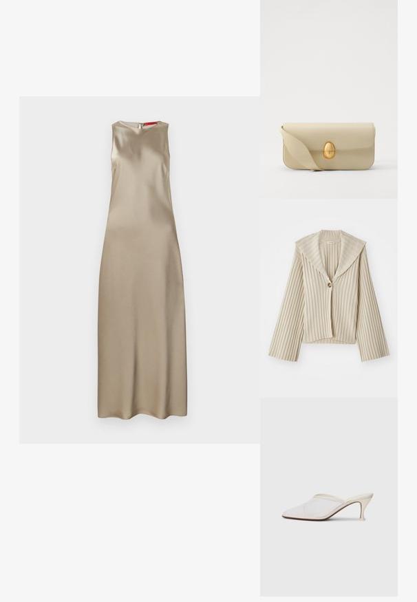 Beige, ribbed cropped jacket with a wide notched collar and a single button closure. Features long sleeves and textured fabric.; Sleeveless dress in beige satin, featuring a round neckline, streamlined shape, and a back zipper closure. Smooth texture with minimal detail.; White mesh pointed-toe mule with a slim mid-height heel and slip-on design against a plain background.; Beige leather handbag with a smooth texture, rectangular shape, and a golden oval clasp. Features a long, adjustable strap.