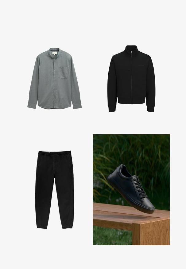 Sort zip-up sweatshirt med høj krave, ribbede manchetter og kant. Har subtil branding og en glat tekstur.; Lys grå skjorte med spread krave, lange ærmer og en enkelt brystlomme. Lavet af blødt, struktureret stof.; Sorte elastiske bukser med snøre i taljen, tapered ben, sidelommer og subtile side-syning detaljer. Blød bomuldsstof struktur.; Sorte lædersneakers med en glat overflade, rund tå og flade snørebånd, placeret over en træoverflade med grøn græs i baggrunden.