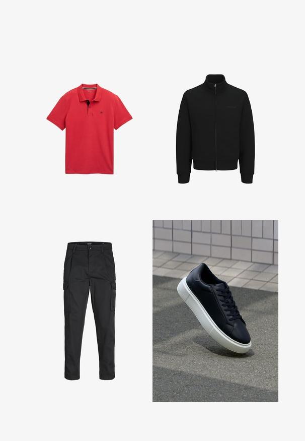 Čierna mikina na zips s vysokým golierom, rebrovanými manžetami a lemom. Obsahuje nenápadné logo a hladkú textúru.; Červené polo tričko vyrobené z bavlny s klasickým golierom, dvojitým gombíkom a kontrastným čiernym akcentom na krku. Obsahuje detail loga.; Čierne cargo nohavice z odolnej látky, s viacerými vreckami, gombíkovým zapínaním a úzkym strihom so zúženými nohavicami.; Čierne kožené tenisky s okrúhlou špičkou a bielou gumovou podrážkou. Majú ploché šnúrky a minimálne šitie na vrchu. Textúrovaná podrážka pre lepšiu priľnavosť.