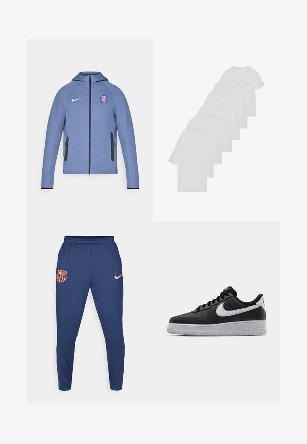 Blaue Zip-Jacke aus glattem Stoff, mit Kapuze, schwarzen Reißverschlusstaschen und einem Logo auf der Brust. Mit weißem Nike-Branding akzentuiert.; Weiße Baumwoll-T-Shirts, kurze Ärmel, Rundhals-Design, schlichte Textur, in einer Reihe gestapelt, mit dezentem Branding am Hals.; Navyblaue Sporthosen aus glattem Stoff, mit einem orangefarbenen FC Barcelona-Logo und einem kleinen orangefarbenen Nike-Swoosh im Hüftbereich.; Schwarze Ledersneaker mit strukturierten Oberflächen, weißem Nike-Swoosh, grauer Sohle, runder Zehenpartie und Schnürdesign. Verfügt über Perforationen an der Zehenbox.