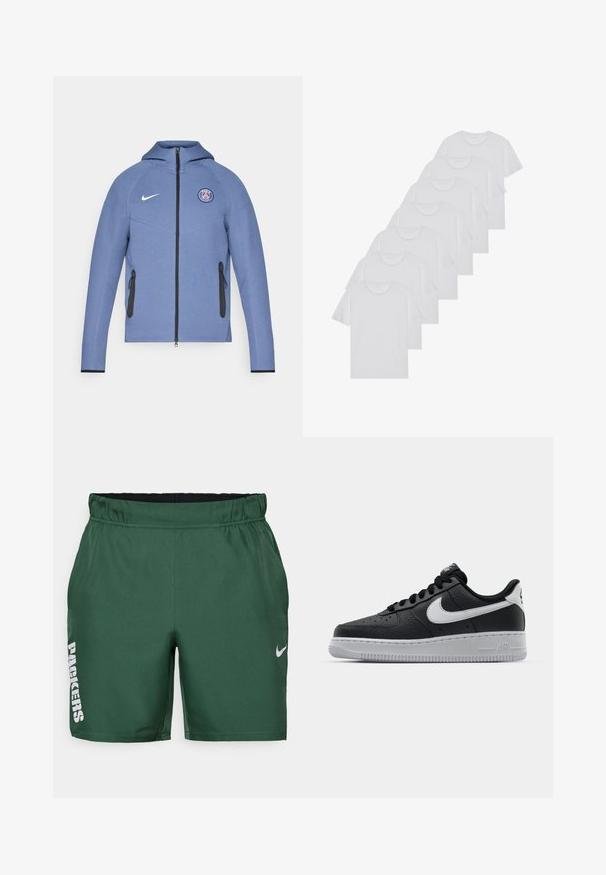Niebieska kurtka na zamek z gładkiego materiału, z kapturem, czarnymi kieszeniami na zamek i logo na piersi. Podkreślona białym oznaczeniem Nike.; Białe bawełniane koszulki, krótki rękaw, design z okrągłym dekoltem, gładka faktura, ułożone w rzędzie, z subtelnym logo przy dekolcie.; Zielone spodenki sportowe z gładkiego materiału. Mają elastyczny pas, nadrukowane logo "PACKERS" w białym kolorze oraz szary swój w formie Nike.; Czarne skórzane trampki o teksturowanej powierzchni, białe logo Nike, szara podeszwa, okrągły czubek i sznurowany design. Posiada perforacje na nosku.