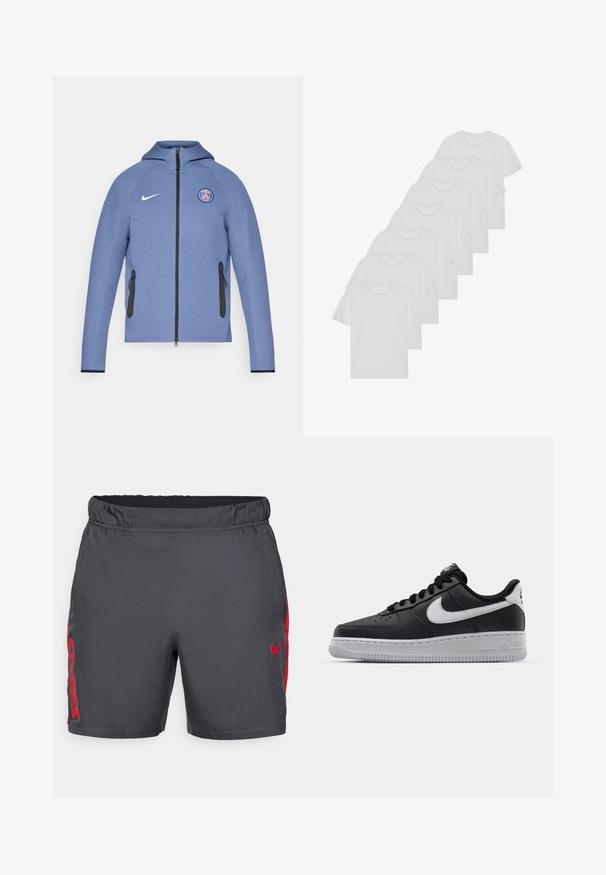 Blå zip-up jacka i slät tyg, med huva, svarta dragkedjefickor och en logotyp på bröstet. Utsmyckad med vit Nike-branding.; Vita bomull T-shirts, korta ärmar, rundad halsdesign, slät textur, staplade i en rad, med subtil branding vid halsringningen.; Grå atletiska shorts i lättviktig tyg, med elastisk midja och röda detaljer på sidorna där "CHIEFS" är tryckt i fet stil.; Svart lädersneaker med strukturerad yta, vit Nike-swoosh, grå sula, rund tå och snörningsdesign. Har perforeringar på tåboxen.