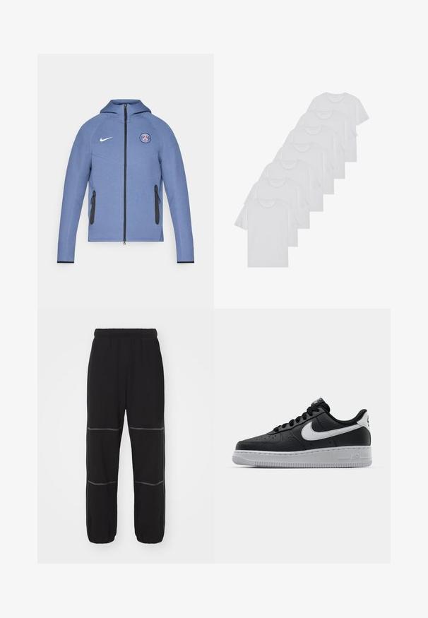 Casaco azul com fecho de correr, feito de tecido liso, com capuz, bolsos com fecho a preto e um logótipo no peito. Realçado com a marca branca da Nike.; T-shirts brancos de algodão, mangas curtas, design de gola redonda, com textura lisa, empilhados em fila, com uma marcação subtil na gola.; Calças de treino pretas com uma cintura elástica, apresentando costuras e punhos cinzentos em contraste. O design inclui duas costuras horizontais em cada perna.; Sapatilha de pele preta com superfície texturizada, swoosh branco da Nike, sola cinza, bico redondo e design com atacadores. Apresenta perfurações na caixa dos dedos.