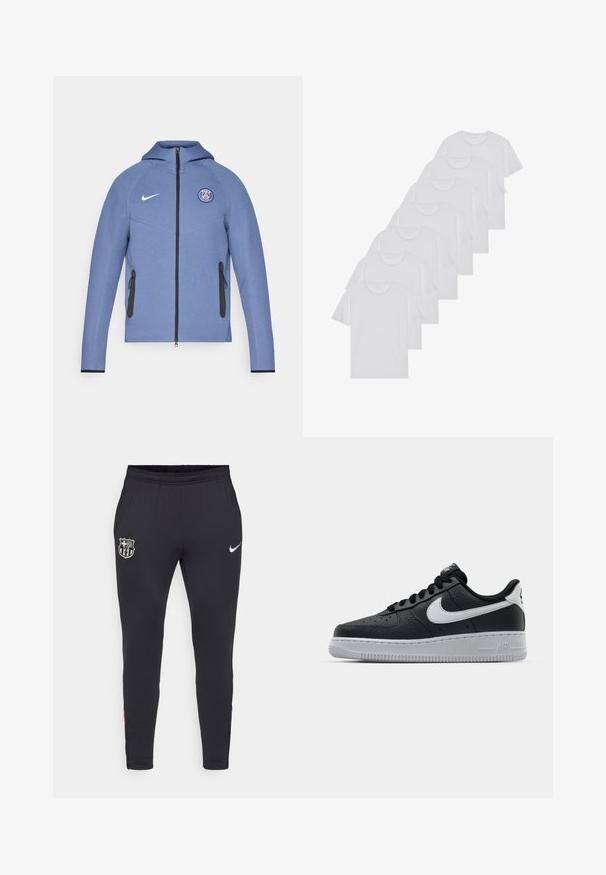 Blå zip-up jacka i slät tyg, med huva, svarta dragkedjefickor och en logotyp på bröstet. Utsmyckad med vit Nike-branding.; Vita bomull T-shirts, korta ärmar, rundad halsdesign, slät textur, staplade i en rad, med subtil branding vid halsringningen.; Svarta atletiska byxor med smal passform, prydda med Nike-logotyp i silver och FC Barcelona-emblem. Materialet verkar slätt med elastisk midja.; Svart lädersneaker med strukturerad yta, vit Nike-swoosh, grå sula, rund tå och snörningsdesign. Har perforeringar på tåboxen.