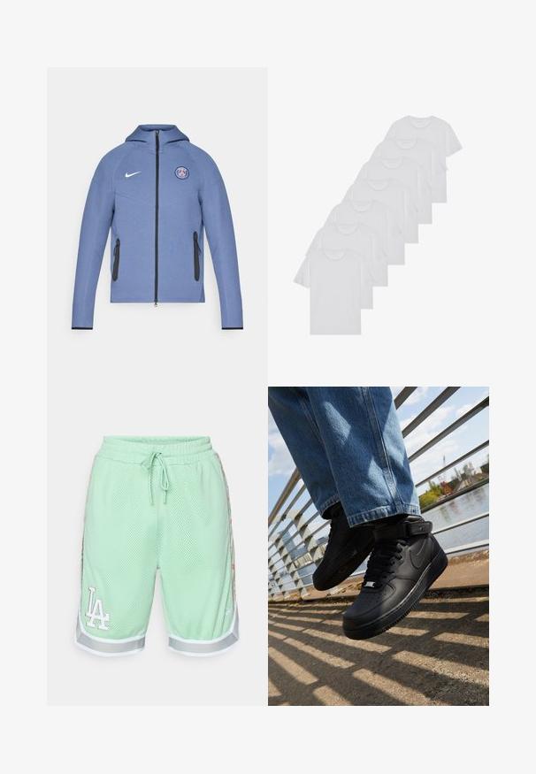 Casaco azul com fecho de correr, feito de tecido liso, com capuz, bolsos com fecho a preto e um logótipo no peito. Realçado com a marca branca da Nike.; T-shirts brancos de algodão, mangas curtas, design de gola redonda, com textura lisa, empilhados em fila, com uma marcação subtil na gola.; Calções de malha verde claro com o logo branco de LA, cintura elástica, cordão e riscas florais laterais. Apresenta um acabamento cinza na bainha.; Sapatilhas Nike Air Force 1 pretas com parte superior em pele, língua em malha e sola em borracha, apresentando um design de cano alto e atacadores grossos.