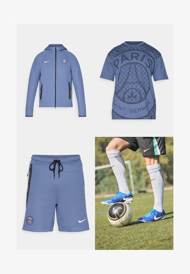 Mėlyna užtrauktuku užsegama striukė, pagaminta iš lygios medžiagos, su gaubtu, juodomis užtrauktuko kišenėmis ir logotipu ant krūtinės. Papuošta balta Nike ženklų.; Šviesiai mėlynas marškinėliai su geometriniu raštu, dideliu užrašu "PARIS" ir detale "SAINT-GERMAIN". Pagamintas iš minkštos medvilnės, su apvaliu kaklu.; Mėlyni sportiniai šortai, pagaminti iš minkštos medžiagos, su juodais šoniniu užtrauktukais, raišteliu juosmenyje ir "Paris Saint-Germain" logotipu kairėje pusėje.; Mėlyni Nike futbolo bateliai su tekstūruotu paviršiu, juodais akcentais ir baltais spygliais; po jais juodai baltas futbolo kamuolys su auksiniais akcentais.