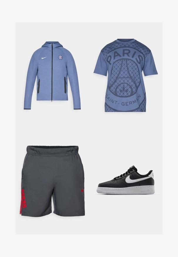 Jachetă albastră cu fermoar, confecționată dintr-un material neted, având glugă, buzunare cu fermoar negre și un logo pe piept. Accentuata cu brandingul alb Nike.; Tricou de culoare albastru deschis, cu un model geometric, text mare "PARIS" și detaliul "SAINT-GERMAIN". Fabricat din țesătură moale, cu guler rotund.; Pantaloni scurți atletici gri cu talie elastică, având textul roșu "49ERS" pe lateral și un logo Nike roșu în față. Textură netedă.; Sneaker din piele neagră, cu o suprafață texturată, swoosh alb de la Nike, talpă gri, bot rotund și sistem de șireturi. Prezintă perforații în zona vârfului.