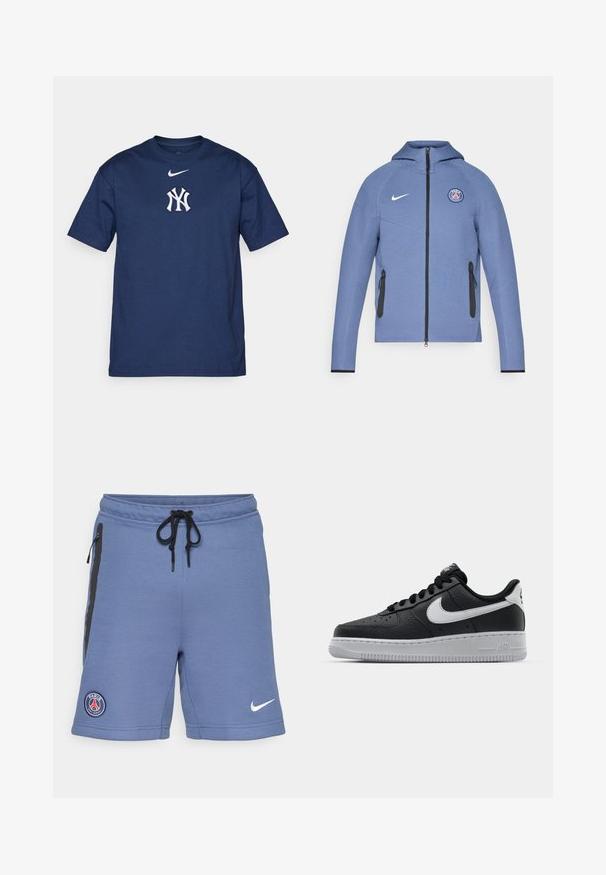 Modrá zipová bunda vyrobená z hladké látky, s kapucí, černými zipovými kapsami a logem na hrudi. Ozdobena bílým brandingem Nike.; Námořnická modrá bavlněná tričko s bílým logem Nike nad bílým a modrým logem New York Yankees na hrudi. Klasický design s kulatým výstřihem.; Modré sportovní šortky vyrobené z měkké tkaniny, s černými bočními zipy, stahovacími šňůrkami v pase a logem Paris Saint-Germain na levé straně.; Černé kožené tenisky s texturovaným povrchem, bílým logem Nike, šedou podrážkou, kulatou špičkou a designem na šněrování. Obsahují perforace na špičce.