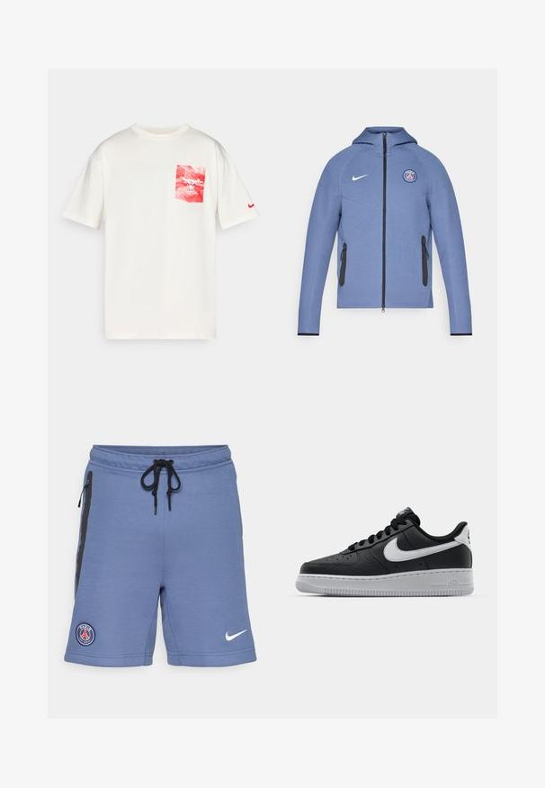 Modra zip-up bunda iz gladkega materiala, opremljena s kapuco, črnimi žepi na zadrgo in logotipom na prsih. Okrašena z belim Nike blagovno znamko.; Kremna bombažna majica s kratkimi rokavi, ki ima rdeče in bele grafične žepke z logotipom bika ter majhnim rdečim Nike swooshom na levi rokavu.; Modri športni kratki hlače iz mehkega materiala, z črnimi stranskimi zadrgami, pasom s vrvico in logotipom Paris Saint-Germain na levi strani.; Črne usnjene teniske z teksturirano površino, bele Nikejeve zmage, sivo podplato, okroglo konico in vezalno zasnovo. Imajo perforacije na prednjem delu.