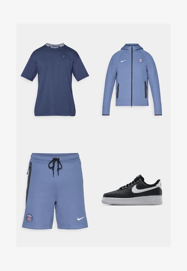 Blå lynlåsjakke lavet af glat stof, med hætte, sorte lynlås-lommer og et logo på brystet. Akcentueret med hvid Nike-branding.; Marineblå bomulds T-shirt med korte ærmer, der har en rund hals med et "Just Do It" tekstbånd og et broderet logo på brystet.; Blå sportsshorts lavet af blødt stof, med sorte sidelommer, justerbar talje med snor og et Paris Saint-Germain-logo på venstre side.; Sort lædersneaker med tekstureret overflade, hvid Nike swoosh, grå sål, rund tå og snørebåndsdesign. Har perforeringer på tåboksen.