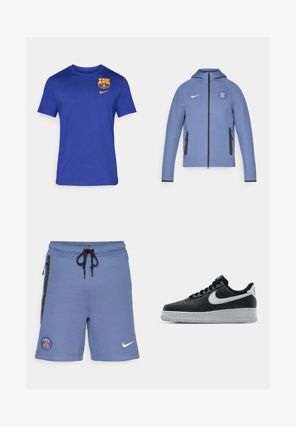Modrá zipová bunda vyrobená z hladké látky, s kapucí, černými zipovými kapsami a logem na hrudi. Ozdobena bílým brandingem Nike.; Modrá tričko s krátkým rukávem vyrobené z měkké látky, s logem Barcelony a žlutým logem Nike na oblasti hrudi.; Modré sportovní šortky vyrobené z měkké tkaniny, s černými bočními zipy, stahovacími šňůrkami v pase a logem Paris Saint-Germain na levé straně.; Černé kožené tenisky s texturovaným povrchem, bílým logem Nike, šedou podrážkou, kulatou špičkou a designem na šněrování. Obsahují perforace na špičce.