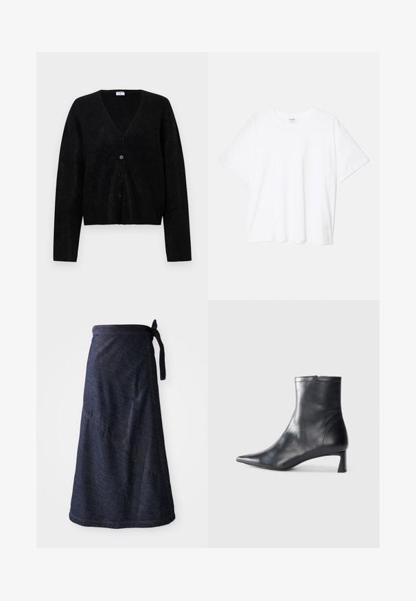 Black cardigan made of textured fabric, featuring a V-neck, front buttons, and long sleeves. Simple design with no patterns or accents.; White cotton t-shirt with short sleeves, round neckline, relaxed fit, and stitched hem. Label visible on the inside neck.; Dark blue denim wrap skirt with a tied waist, featuring diagonal stitching and a smooth texture. Length extends to just below the knee.; Black leather ankle boot with a pointed toe and a sleek design. Features a low heel and a zipper closure at the back. Smooth texture.