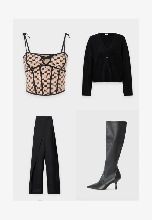 Musta kardigan, mis on valmistatud tekstuurilisest kangast, V-kaelusega, esiaknaga ja pikkade varrukatega. Lihtne disain, ilma mustrite või aktsentideta.; MISBHV MONOGRAM COQUETTE CORSET - Topp - beige/black; Mustad laiad püksid, millel on keeratud disain, sile tekstuur, kõrge vöökoht ja külje lipsu detail. Valmistatud kerge kangaga.; Knee-high mustad nahksaapad terava nina ja kitsaste stiilsete kontsadega. Sile tekstuur sobiva disainiga ja õmblused ülemisel serval.