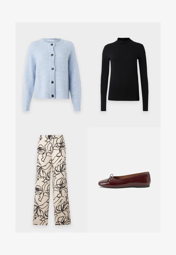 Hele sinine kardigan, mis on valmistatud pehmest soonilisest materjalist, ümmarguse kaelusega, pikkade varrukatega ja kuue musta nööbiga ees.; Must nägupesu ja pika varrukaga särk, mis on valmistatud siledast kangast; sobiv disain kõrge krae ja nähtamatute õmblusteta. Lihtne, ühetooniline värv.; Laiad püksid kergest kangast, millel on kreemjas taust ja kogu pinnal on abstraktne must lillemuster.; Burgundi patendnahk kingad balletitüüpi, ümmarguse ninaosa, ees väike paelaaktsent ja madal must kummist tald. Sile tekstuur.