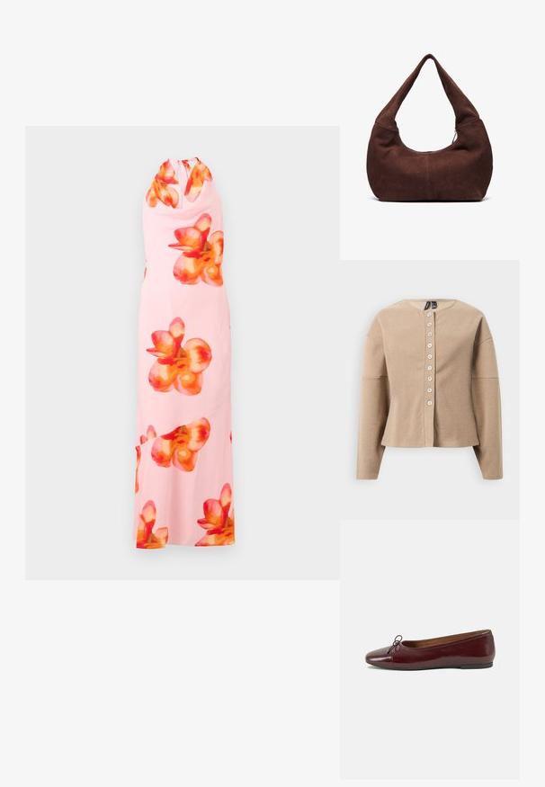 Bežs kardigans, izgatavots no teksturēta auduma, ar apaļu kakla izgriezumu, garām piedurknēm un priekšējo pogu aizdari ar septiņām baltām pogām.; Bez piedurknēm maxi kleita mīkstā rozā audumā, ar lieliem, dzīvotspējīgiem apelsīnu un sarkaniem ziedu rakstiem. Haltera kakla dizains ar atslēgvārsta aizmuguri.; Burgundijas laku ādas baleta kurpes ar noapaļotu purngalu, nelielu loku akcentu priekšā un zemu melnu gumijas zoli. Gluda tekstūra.; Brūna zamšādas hobo soma ar izliekta, plaša rokturi un lielu atvērumu. Mīksta tekstūra ar redzamām šuvju detaļām gar malām.